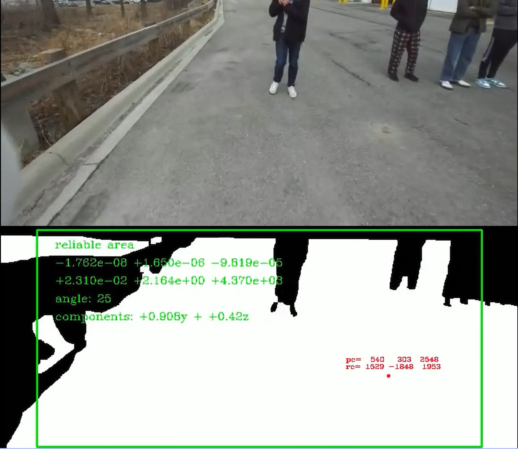 Camera footage and generated driveable area mask (white) example image segmentation mask